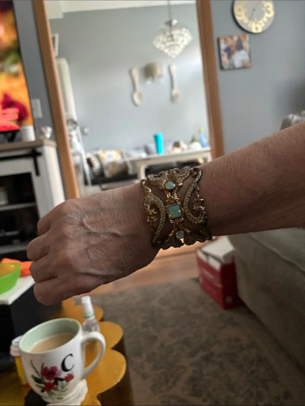 Virgins Saints & Angels Gold Cuff Bracelet with Turquoise Stones